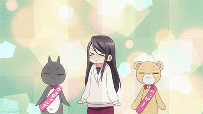 Girl Wearing Nishinomiya Sash Beside Teddy Bear And Penguin GIF