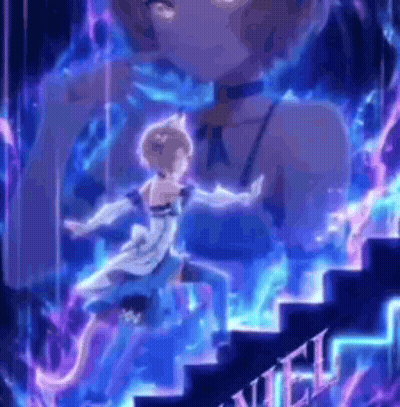 Girl White Dress Stairs Blue Purple Lights GIF