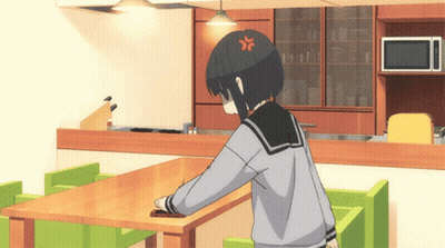 Girl With Angry Face On Head At Table GIF