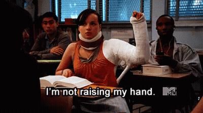 Girl With Arm Cast Says I'm Not Raising My Hand GIF