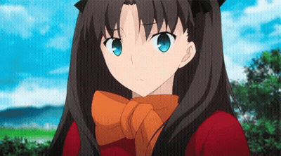 Girl With Black Hair And Blue Eyes In Red Shirt And Orange Scarf GIF