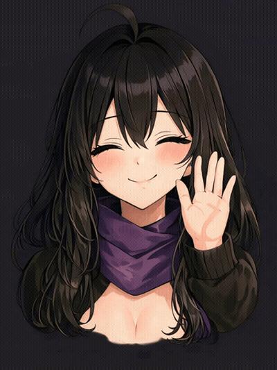Girl With Black Hair And Purple Scarf Smiling And Waving GIF