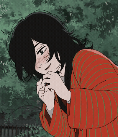 Girl With Black Hair And Red Striped Jacket GIF