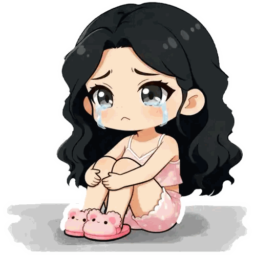 Girl With Black Hair Crying In Pink Bear Slippers Sticker