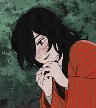 Girl With Black Hair In Red Striped Jacket GIF