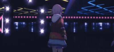 Girl With Blonde Hair And Red Eyes At Microphone GIF