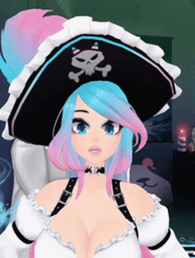 Girl With Blue And Pink Hair In Pirate Hat With Skull GIF