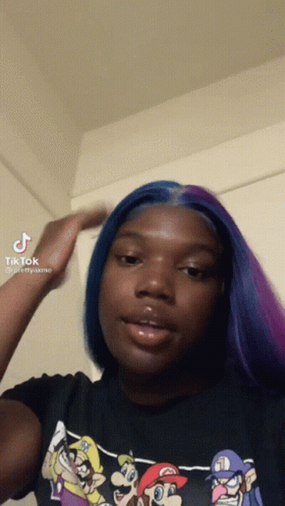 Girl With Blue And Purple Hair In Mario Shirt GIF