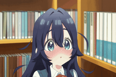 Girl With Blue Eyes Standing In Front Of Bookshelf With Book Titled A GIF