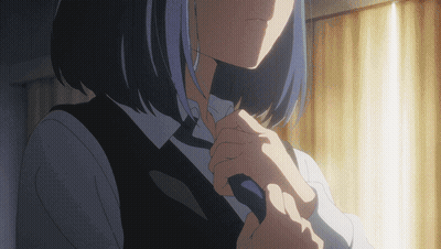 Girl With Blue Hair Adjusting Tie GIF