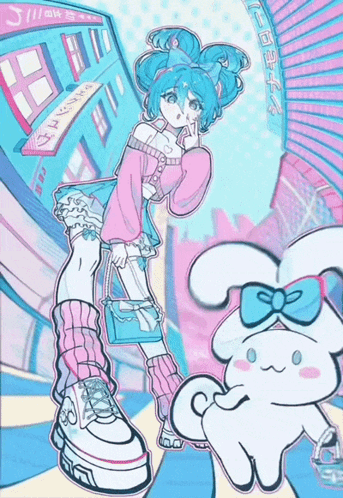 Girl With Blue Hair And Bunny With Bow GIF