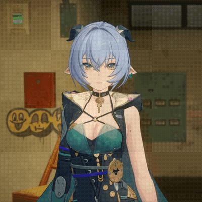 Girl With Blue Hair And Horns In Front Of Graffiti Wall GIF