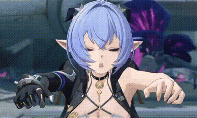 Girl With Blue Hair And Horns Wearing Choker And Gloves GIF
