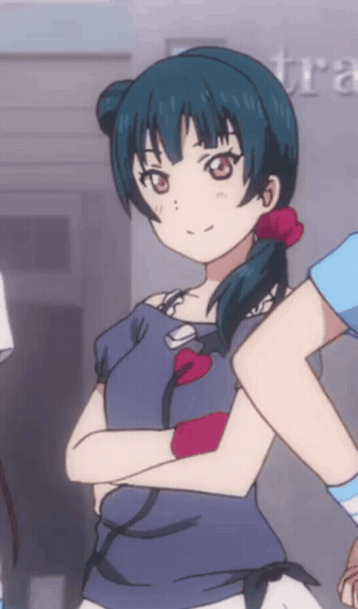 Girl With Blue Hair And Red Eyes Arms Crossed In Front Of Sign Saying Tr GIF