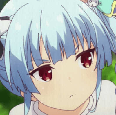 Girl With Blue Hair And Red Eyes Looking At Camera GIF