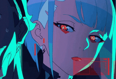 Girl With Blue Hair And Red Eyes Red Mouth Border GIF