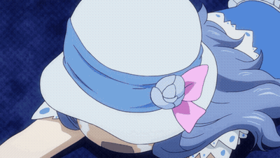 Girl With Blue Hair And White Hat With Pink Bow GIF