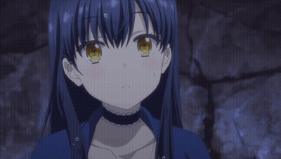 Girl With Blue Hair And Yellow Eyes Covering Mouth GIF