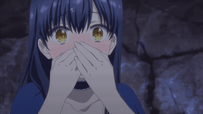Girl With Blue Hair And Yellow Eyes Covering Mouth GIF