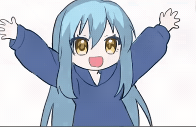 Girl With Blue Hair And Yellow Eyes Raising Arms GIF