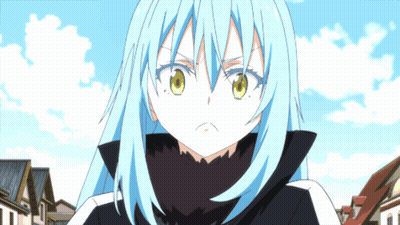 Girl With Blue Hair And Yellow Eyes Standing In Front Of Houses GIF