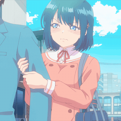 Girl With Blue Hair Holding Man's Shirt GIF