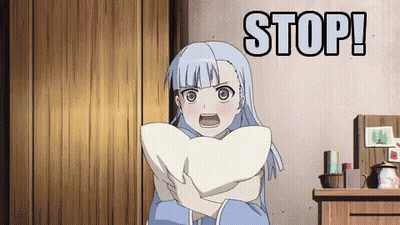 Girl With Blue Hair Holding Pillow Saying Stop GIF