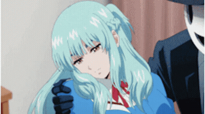 Girl With Blue Hair Hugged By Masked Man GIF