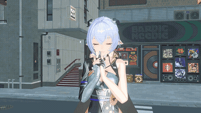 Girl With Blue Hair In Front Of Bardic Necdic Store GIF
