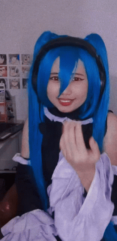 Girl With Blue Hair In Headphones And Maid Outfit GIF