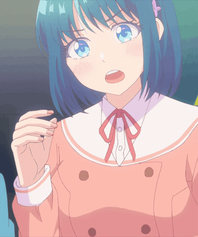 Girl With Blue Hair In Pink Jacket And White Collar GIF