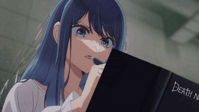 Girl With Blue Hair Looking At Death Note Book GIF
