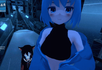 Girl With Blue Hair Next To Cat And Sign GIF