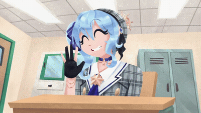 Girl With Blue Hair Sitting At Desk GIF