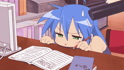 Girl With Blue Hair Sitting At Desk With Book GIF