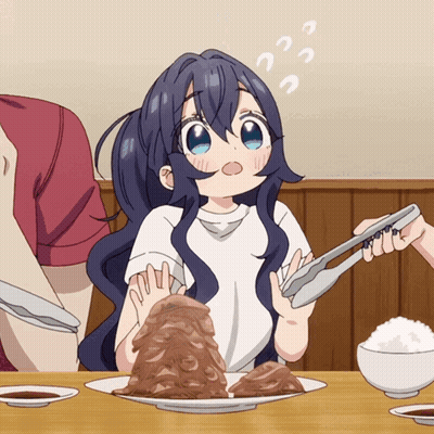 Girl With Blue Hair Sitting At Table With Food And Tongs GIF