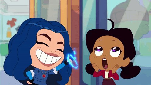 Girl With Blue Hair Smiling Next To Girl With Black Hair GIF