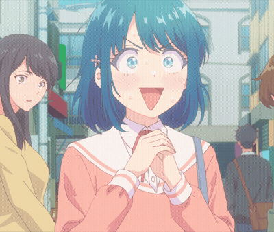 Girl With Blue Hair Surprised In Pink Sweater GIF