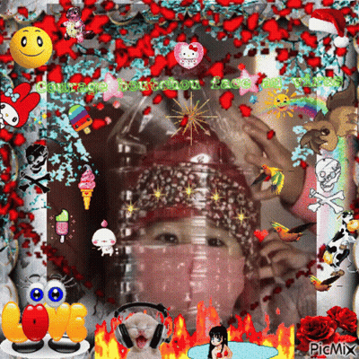 Girl With Bottle On Head Surrounded By Cat And Skull GIF