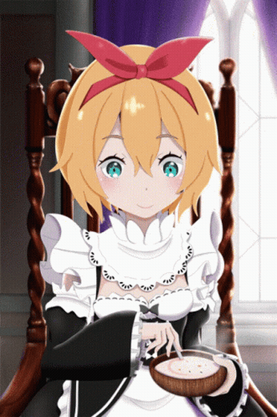 Girl With Bow Holding Bowl Of Food GIF