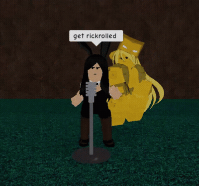 Girl With Bunny Ears Next to Yellow Character Saying Get Rickrolled