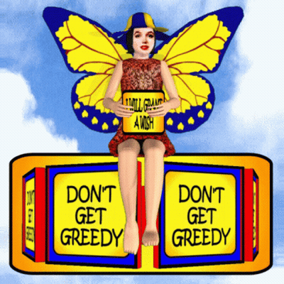 Girl With Butterfly Wings Sitting On Don't Get Greedy Sign GIF