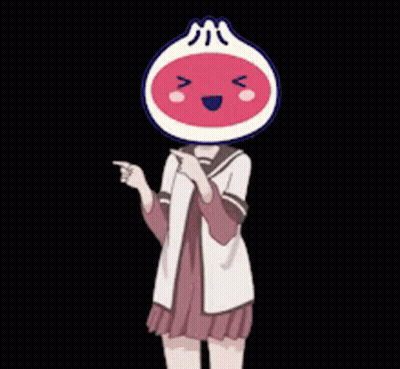 Girl With Cartoon Face On Head Pointing GIF