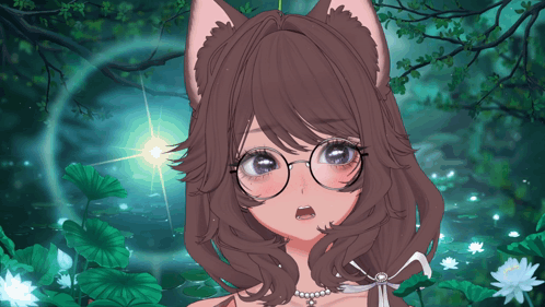 Girl With Cat Ears And Glasses Surrounded By Flowers GIF
