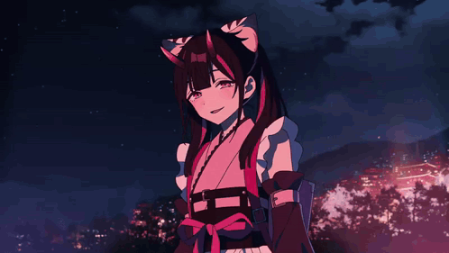 Girl With Cat Ears And Kimono In Front Of City At Night GIF