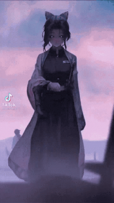 Girl With Cat Ears Holding Sword In Front Of Cloudy Sky GIF