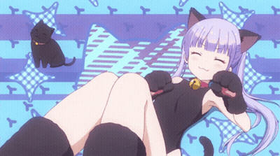 Girl With Cat Ears Laying On Bed With Black Cat GIF