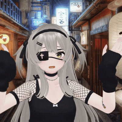 Girl With Cross On Eye In Front Of Samurai Sign GIF