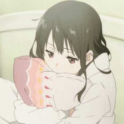 Girl With Dark Hair And Red Eyes Holding Pillow GIF