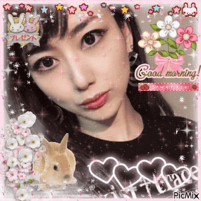 Girl With Flowers And Hearts Saying Good Morning GIF